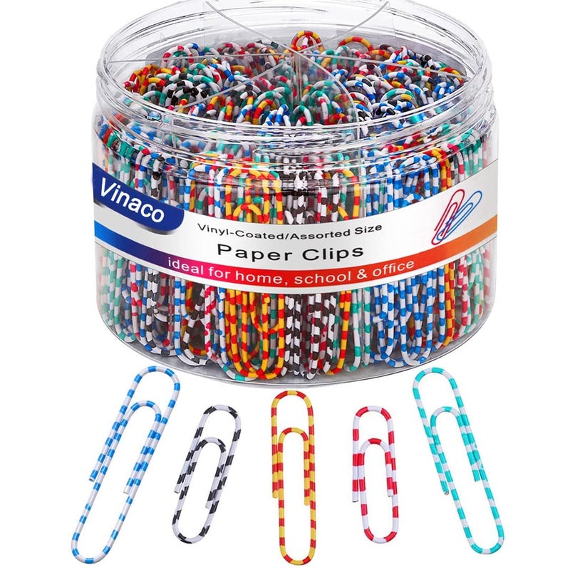 Vinaco Paper Clips Color Stripe, 400PCS Medium & Large (1.3 inch & 2 inch) Paper Clip Assored Size, Durable and Rustproof, Vinyl Coated Paperclips Colorful for Office School Document Organizing - Image 1